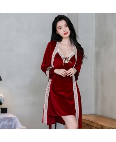 New Spaghetti Strap Velvet Nightwear Lace Trim Sleep Suit Women Nightgown Baggy Homewear Bow Sleepshirt Kimono Bathrobe Gown ...