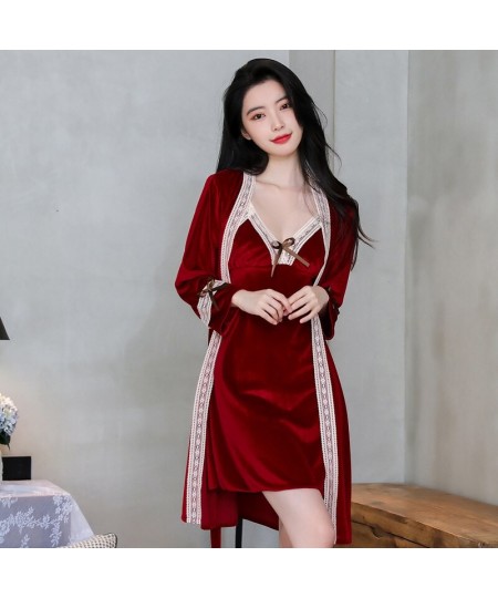 New Spaghetti Strap Velvet Nightwear Lace Trim Sleep Suit Women Nightgown Baggy Homewear Bow Sleepshirt Kimono Bathrobe Gown ...