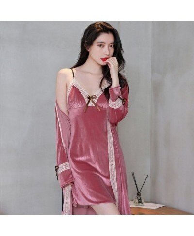 New Spaghetti Strap Velvet Nightwear Lace Trim Sleep Suit Women Nightgown Baggy Homewear Bow Sleepshirt Kimono Bathrobe Gown ...