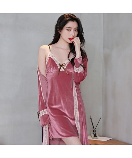 New Spaghetti Strap Velvet Nightwear Lace Trim Sleep Suit Women Nightgown Baggy Homewear Bow Sleepshirt Kimono Bathrobe Gown ...