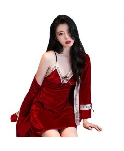 New Spaghetti Strap Velvet Nightwear Lace Trim Sleep Suit Women Nightgown Baggy Homewear Bow Sleepshirt Kimono Bathrobe Gown ...