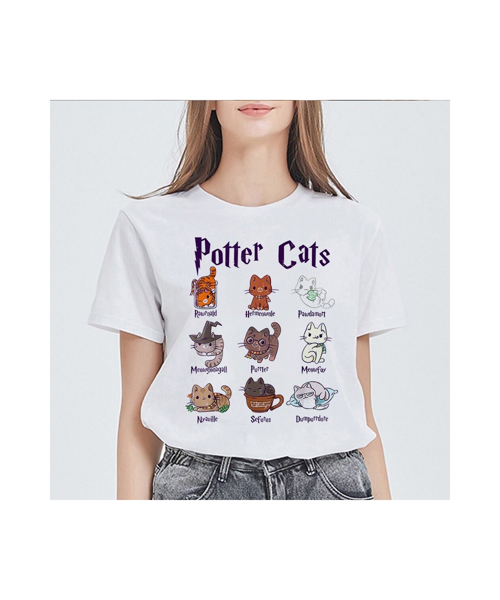 New Womens Black T shirt Casual Round Neck Tshirt femme Tops potter cats Printed 90s Graphics Kawaii Clothing Ladies T-shirt ...