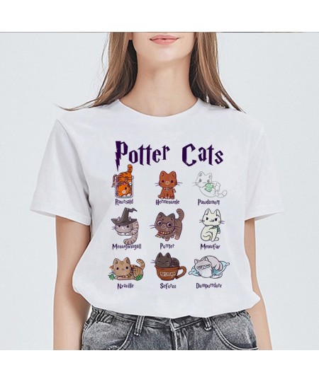 New Womens Black T shirt Casual Round Neck Tshirt femme Tops potter cats Printed 90s Graphics Kawaii Clothing Ladies T-shirt ...