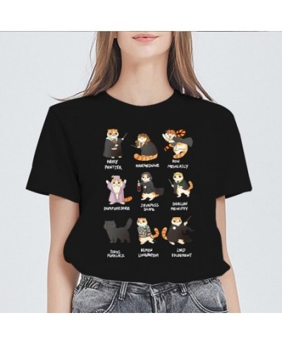 New Womens Black T shirt Casual Round Neck Tshirt femme Tops potter cats Printed 90s Graphics Kawaii Clothing Ladies T-shirt ...