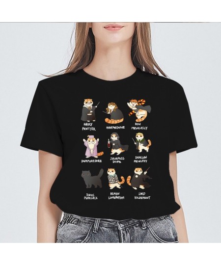 New Womens Black T shirt Casual Round Neck Tshirt femme Tops potter cats Printed 90s Graphics Kawaii Clothing Ladies T-shirt ...