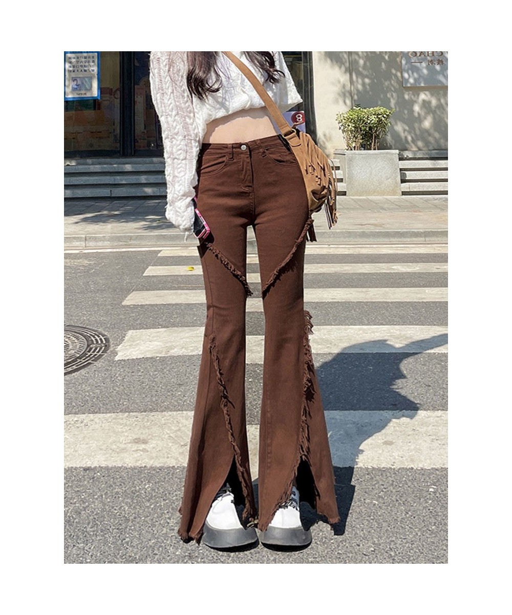 Vintage Flare Jeans with Split Streetwear Elastic Fringe Denim Pants Y2K Aesthetic Retro 2000s Harajuku Casual Stretch Trouse...