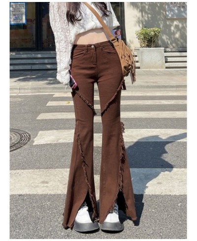 Vintage Flare Jeans with Split Streetwear Elastic Fringe Denim Pants Y2K Aesthetic Retro 2000s Harajuku Casual Stretch Trouse...