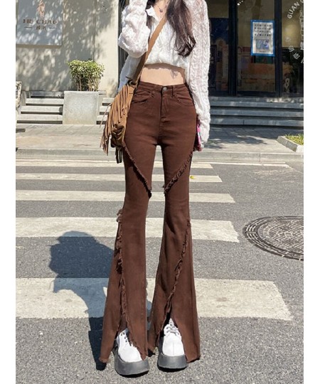 Vintage Flare Jeans with Split Streetwear Elastic Fringe Denim Pants Y2K Aesthetic Retro 2000s Harajuku Casual Stretch Trouse...