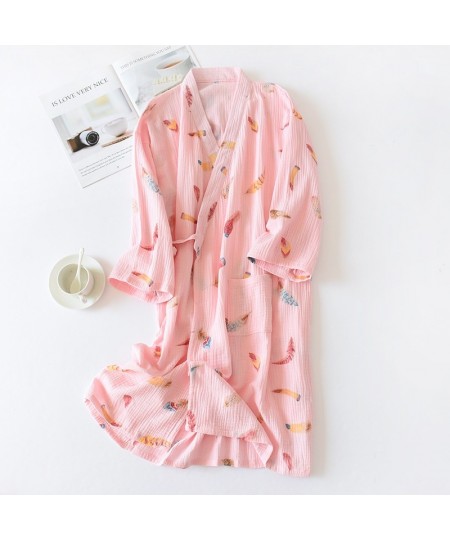 New Summer Japanese Style 100% Cotton Gauze Bath Robe Women Cute Home Bathrobe Printing Long Kimono Robe Home Night Gown $34....