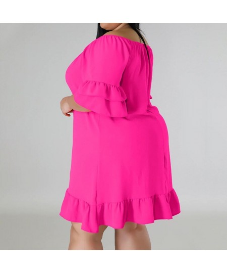 Plus Size Summer New Women's Clothing Solid Color Fashion Off Shoulder Patchwork Ruffles Half Sleeve Sweet Princess Dresses $...