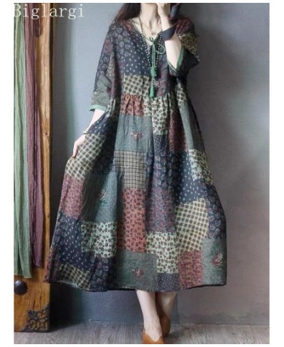 Oversized Summer Vintage Ethnic Style Women Loose Cotton Dress Fashion Casual Big Size Dress Korea Ladies Pullover Long Dress...