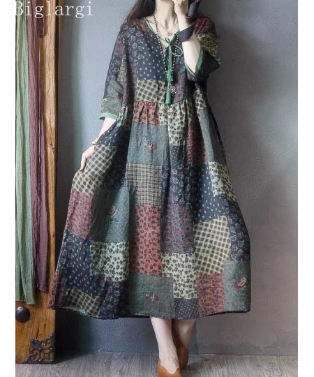 Oversized Summer Vintage Ethnic Style Women Loose Cotton Dress Fashion Casual Big Size Dress Korea Ladies Pullover Long Dress...