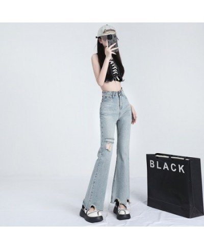 Light color ripped micro ripped jeans women's summer thin style high waist show thin person design sense irregular flare pant...