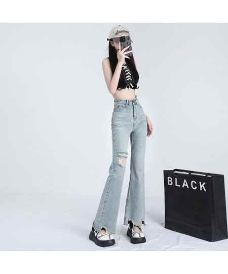 Light color ripped micro ripped jeans women's summer thin style high waist show thin person design sense irregular flare pant...