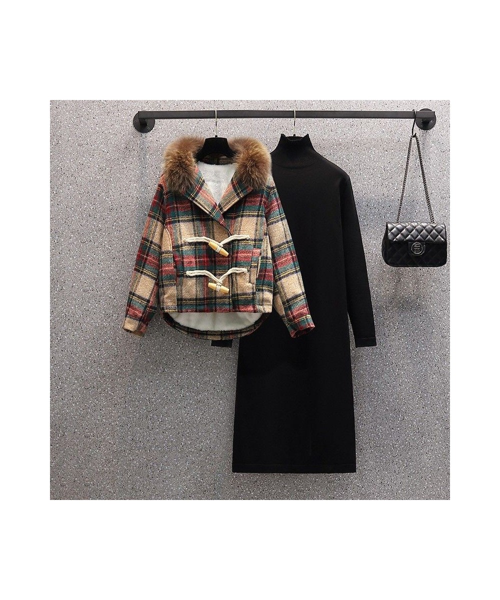 Autumn Winter2022 New Plaid Panel Thickened Plush Jacket Coat Slim Warm Sweater Dress Two-piece Elegant Women's Dress Suit $4...