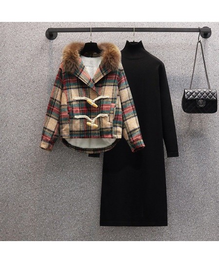 Autumn Winter2022 New Plaid Panel Thickened Plush Jacket Coat Slim Warm Sweater Dress Two-piece Elegant Women's Dress Suit $4...