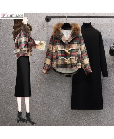 Autumn Winter2022 New Plaid Panel Thickened Plush Jacket Coat Slim Warm Sweater Dress Two-piece Elegant Women's Dress Suit $4...