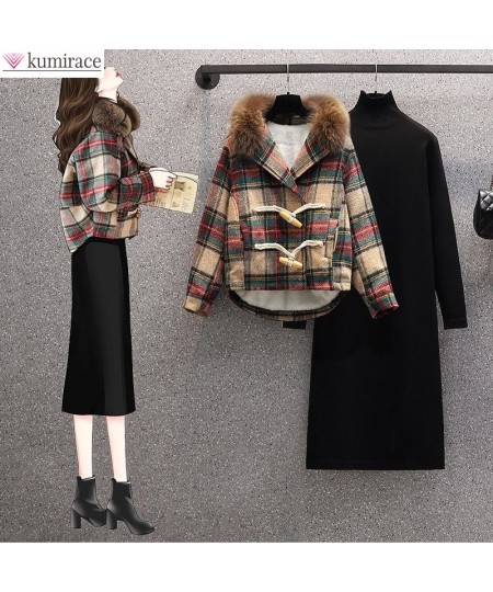 Autumn Winter2022 New Plaid Panel Thickened Plush Jacket Coat Slim Warm Sweater Dress Two-piece Elegant Women's Dress Suit $4...