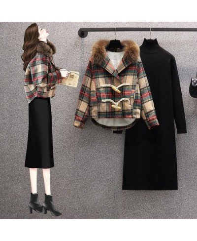 Autumn Winter2022 New Plaid Panel Thickened Plush Jacket Coat Slim Warm Sweater Dress Two-piece Elegant Women's Dress Suit $4...