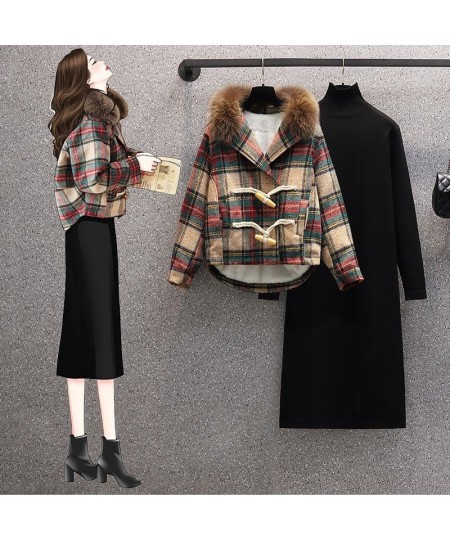 Autumn Winter2022 New Plaid Panel Thickened Plush Jacket Coat Slim Warm Sweater Dress Two-piece Elegant Women's Dress Suit $4...