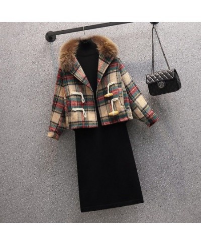 Autumn Winter2022 New Plaid Panel Thickened Plush Jacket Coat Slim Warm Sweater Dress Two-piece Elegant Women's Dress Suit $4...