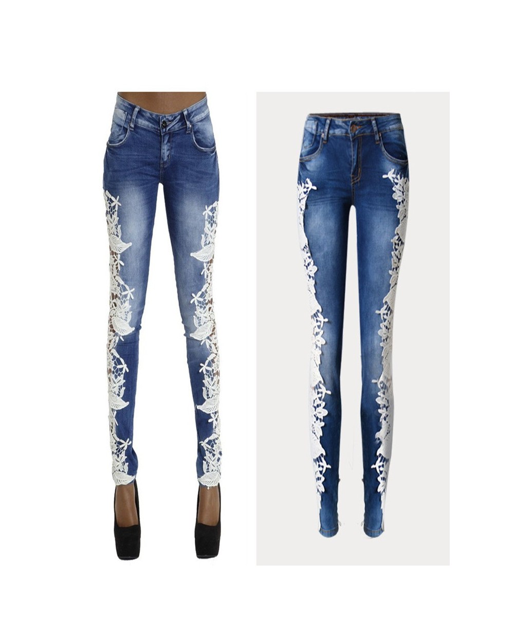 Mid-Waist Jeans With Lace Hollow Out Stitching Fashion full-Length Stretchable Tights Skinny Denim Sexy Date Femme Women Jean...