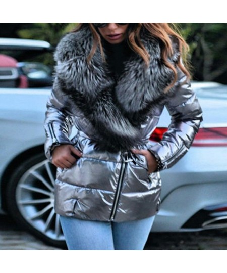 Winter Fashion Lapel Belted Cotton Coat Women Solid Bright Face Large Fur Collar Pocket Slim Jacket Coat Ladies Warm $74.95 -...