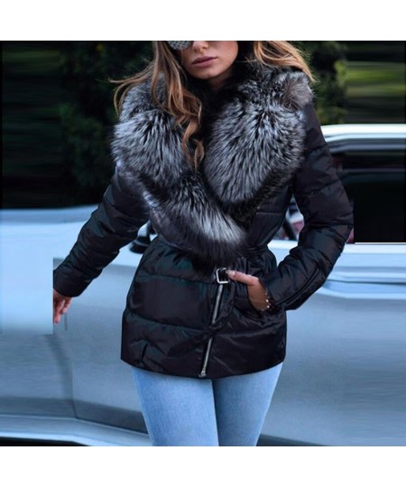 Winter Fashion Lapel Belted Cotton Coat Women Solid Bright Face Large Fur Collar Pocket Slim Jacket Coat Ladies Warm $74.95 -...