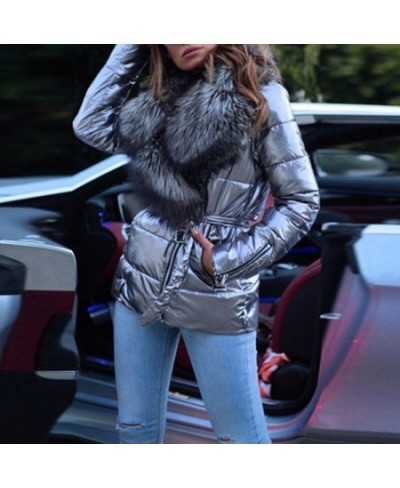 Winter Fashion Lapel Belted Cotton Coat Women Solid Bright Face Large Fur Collar Pocket Slim Jacket Coat Ladies Warm $74.95 -...