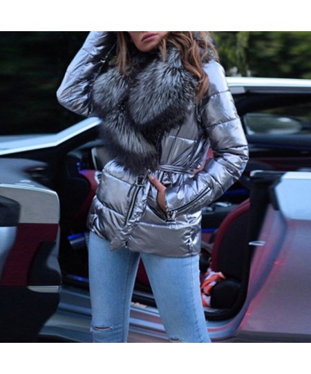 Winter Fashion Lapel Belted Cotton Coat Women Solid Bright Face Large Fur Collar Pocket Slim Jacket Coat Ladies Warm $74.95 -...