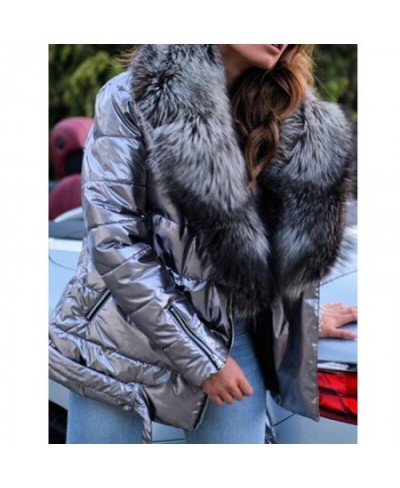 Winter Fashion Lapel Belted Cotton Coat Women Solid Bright Face Large Fur Collar Pocket Slim Jacket Coat Ladies Warm $74.95 -...