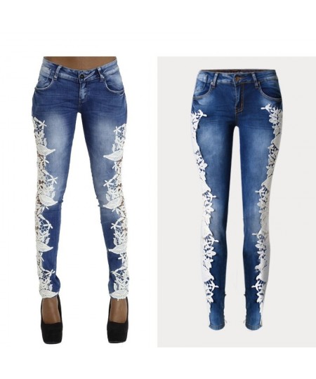 Mid-Waist Jeans With Lace Hollow Out Stitching Fashion full-Length Stretchable Tights Skinny Denim Sexy Date Femme Women Jean...