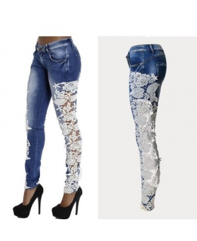 Mid-Waist Jeans With Lace Hollow Out Stitching Fashion full-Length Stretchable Tights Skinny Denim Sexy Date Femme Women Jean...