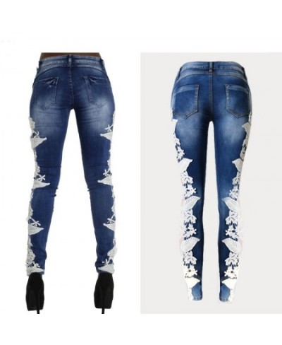 Mid-Waist Jeans With Lace Hollow Out Stitching Fashion full-Length Stretchable Tights Skinny Denim Sexy Date Femme Women Jean...