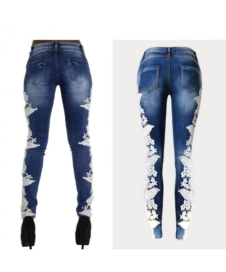 Mid-Waist Jeans With Lace Hollow Out Stitching Fashion full-Length Stretchable Tights Skinny Denim Sexy Date Femme Women Jean...