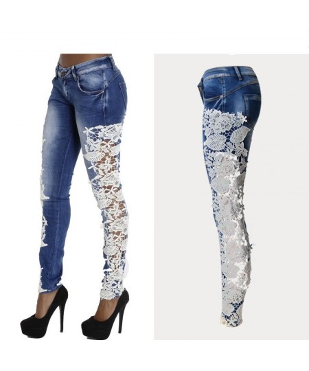 Mid-Waist Jeans With Lace Hollow Out Stitching Fashion full-Length Stretchable Tights Skinny Denim Sexy Date Femme Women Jean...