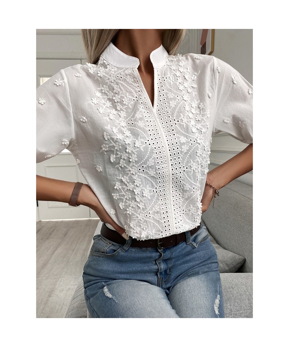 Summer Floral Embroidery Lace Blouse Women Hollow-out Stand Collar V Neck Casual Shirt Elegant Short Sleeve Cotton Tops 24350...