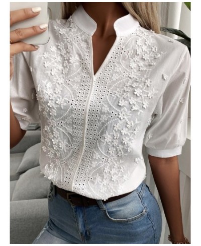 Summer Floral Embroidery Lace Blouse Women Hollow-out Stand Collar V Neck Casual Shirt Elegant Short Sleeve Cotton Tops 24350...