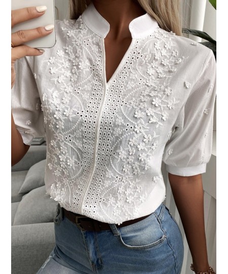 Summer Floral Embroidery Lace Blouse Women Hollow-out Stand Collar V Neck Casual Shirt Elegant Short Sleeve Cotton Tops 24350...