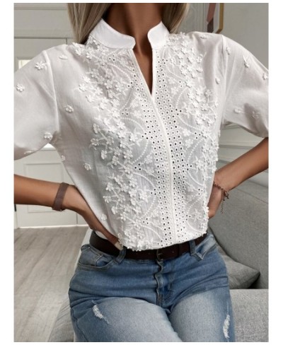 Summer Floral Embroidery Lace Blouse Women Hollow-out Stand Collar V Neck Casual Shirt Elegant Short Sleeve Cotton Tops 24350...