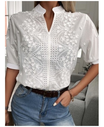 Summer Floral Embroidery Lace Blouse Women Hollow-out Stand Collar V Neck Casual Shirt Elegant Short Sleeve Cotton Tops 24350...