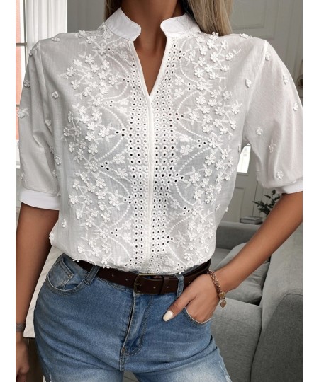 Summer Floral Embroidery Lace Blouse Women Hollow-out Stand Collar V Neck Casual Shirt Elegant Short Sleeve Cotton Tops 24350...