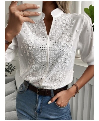 Summer Floral Embroidery Lace Blouse Women Hollow-out Stand Collar V Neck Casual Shirt Elegant Short Sleeve Cotton Tops 24350...