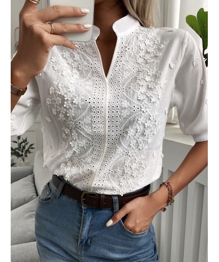 Summer Floral Embroidery Lace Blouse Women Hollow-out Stand Collar V Neck Casual Shirt Elegant Short Sleeve Cotton Tops 24350...