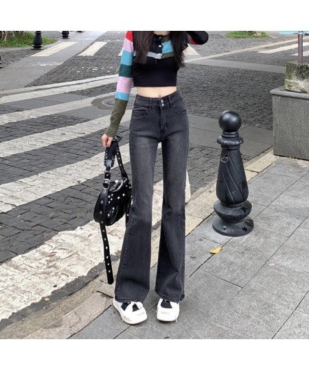 Black Gray Flared Jeans Women's High Waist Elastic Trousers Hot Girls Retro Street Fashion Straight Wide Leg Pants $39.14 - J...