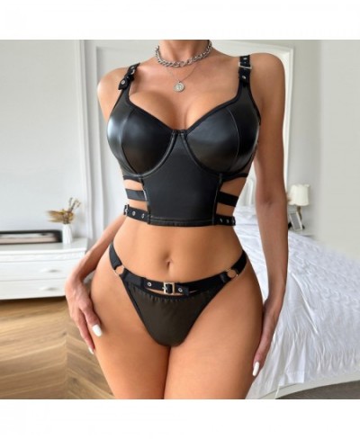 Leather Sexy Lace Push Up Bra+ Panties Set 2023 Women Top Thong Black Intimates T-back G-string Underwear Bra Lingerie Female...