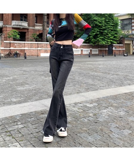 Black Gray Flared Jeans Women's High Waist Elastic Trousers Hot Girls Retro Street Fashion Straight Wide Leg Pants $39.14 - J...