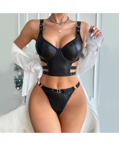 Leather Sexy Lace Push Up Bra+ Panties Set 2023 Women Top Thong Black Intimates T-back G-string Underwear Bra Lingerie Female...