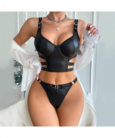 Leather Sexy Lace Push Up Bra+ Panties Set 2023 Women Top Thong Black Intimates T-back G-string Underwear Bra Lingerie Female...