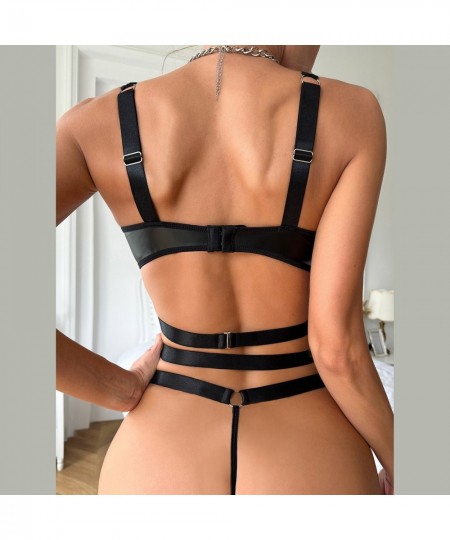 Leather Sexy Lace Push Up Bra+ Panties Set 2023 Women Top Thong Black Intimates T-back G-string Underwear Bra Lingerie Female...